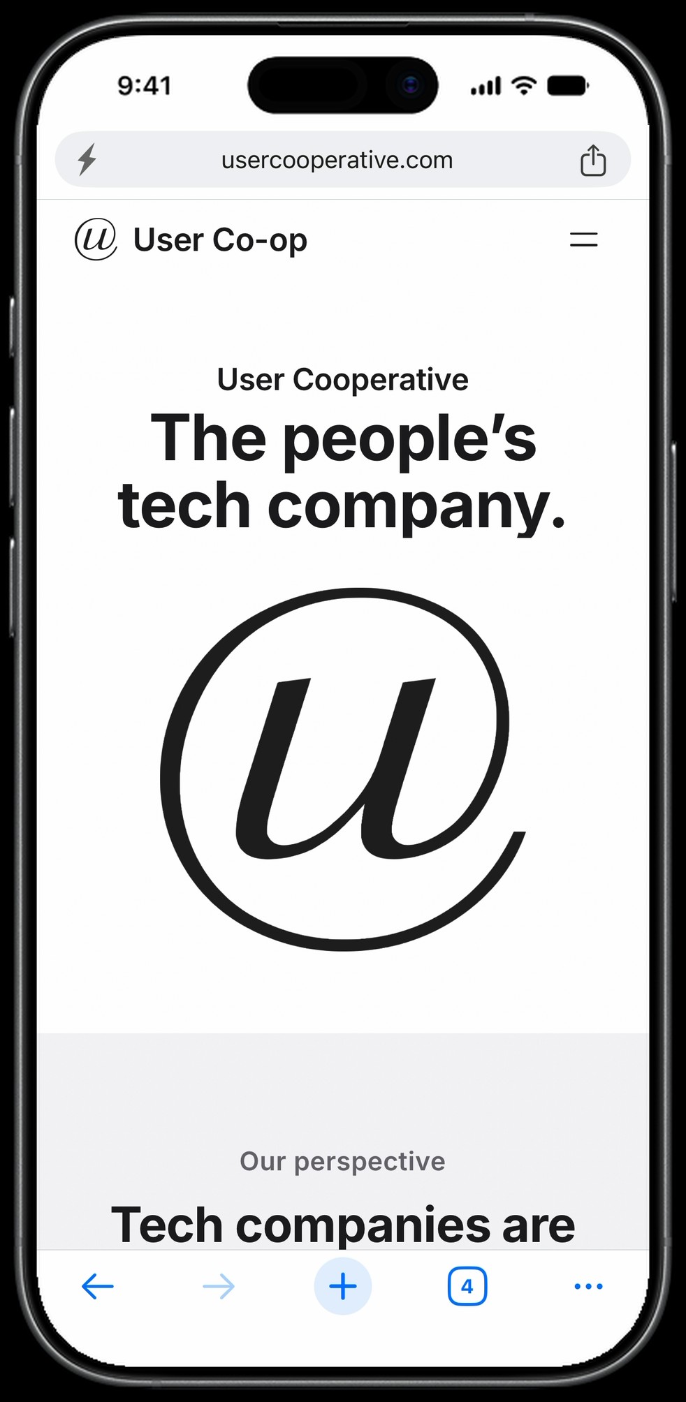 Surge for iPhone in light mode on usercooperative.com, the headline “The people’s tech company.” over the bottom toolbar