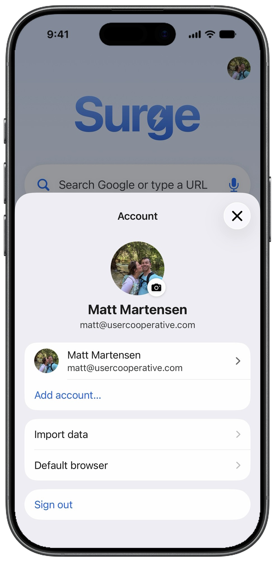 The Surge account pane on iPhone, with Import data