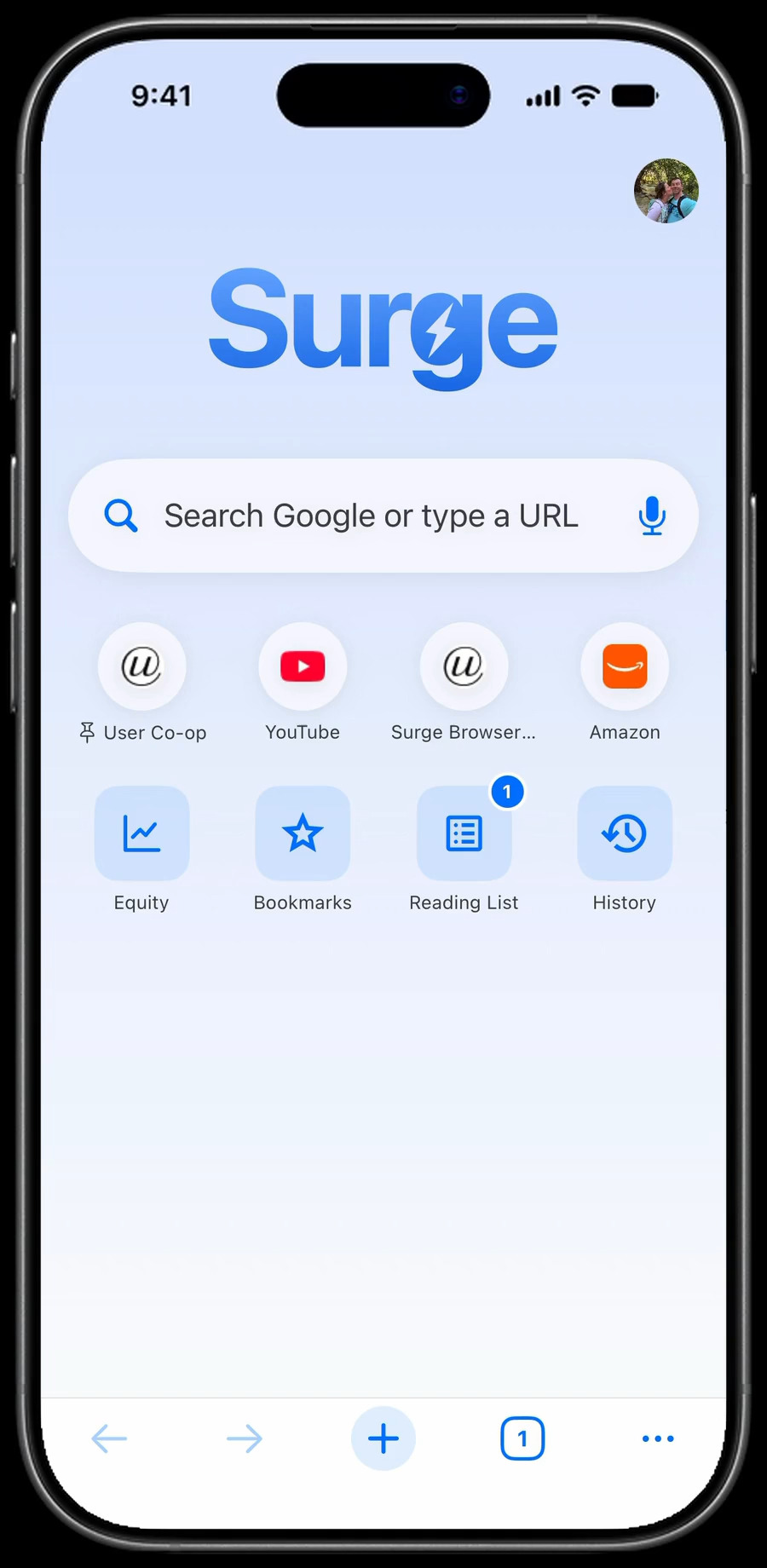 The Surge new tab page on iPhone