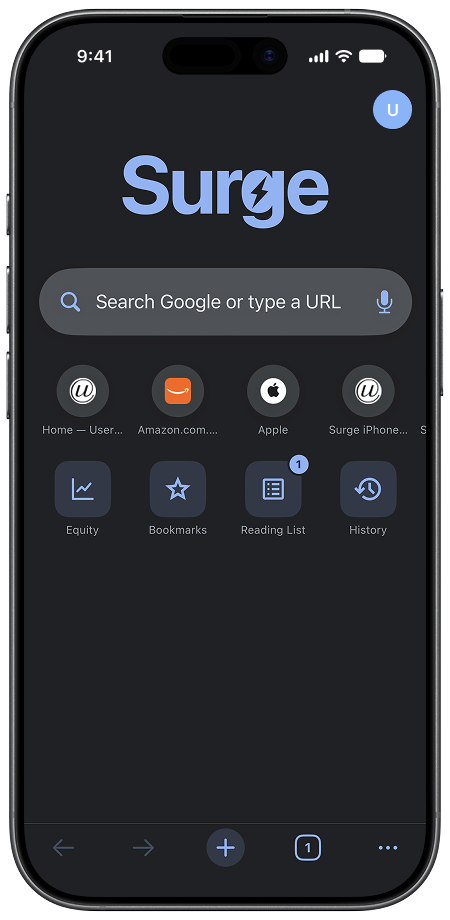 Surge for iPhone new tab page in dark mode